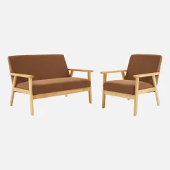 2-Sitzer-Banksofa + Sessel aus Cord-Bezug, Holzbeine