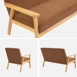 2-Sitzer-Banksofa + Sessel aus Cord-Bezug, Holzbeine