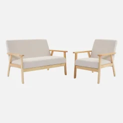 2-Sitzer-Banksofa + Sessel aus Cord-Bezug, Holzbeine
