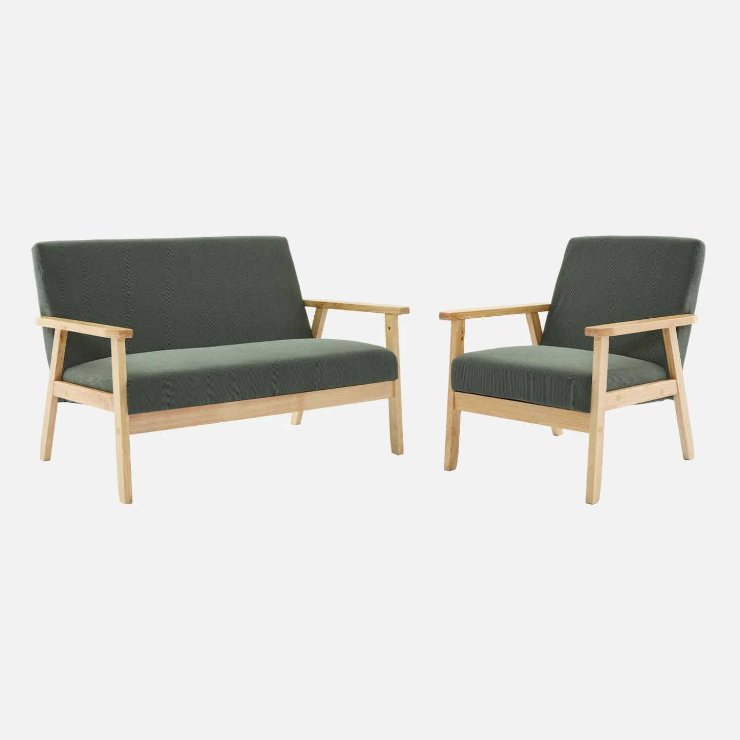 2-Sitzer-Banksofa + Sessel aus Cord-Bezug, Holzbeine
