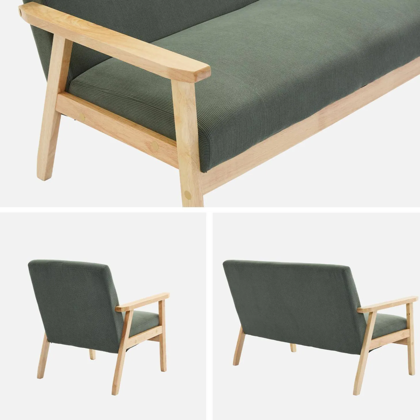 2-Sitzer-Banksofa + Sessel aus Cord-Bezug, Holzbeine