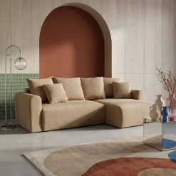 3-Sitzer Ecksofa mit Schlaffunktion und Chenille-Bezug, Recamiere beidseitig montierbar