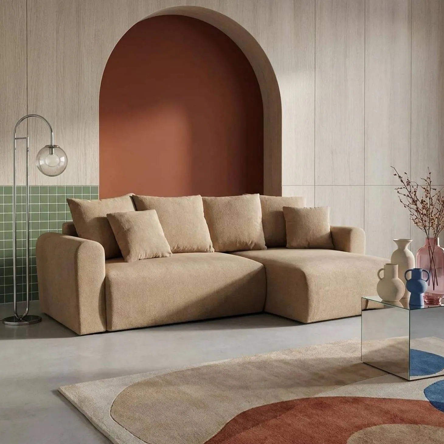 3-Sitzer Ecksofa mit Schlaffunktion und Chenille-Bezug, Recamiere beidseitig montierbar