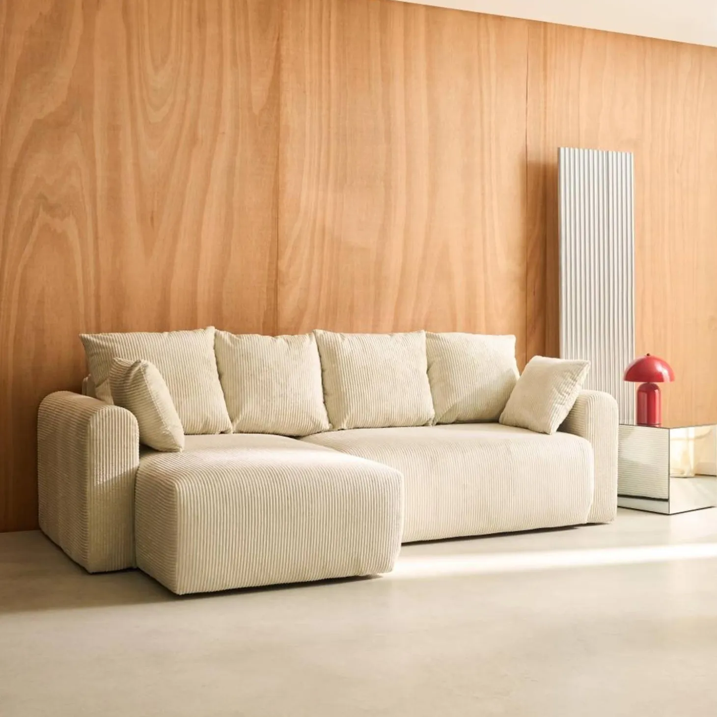 3-Sitzer Ecksofa mit Schlaffunktion und Cordbezug, Recamiere beidseitig montierbar