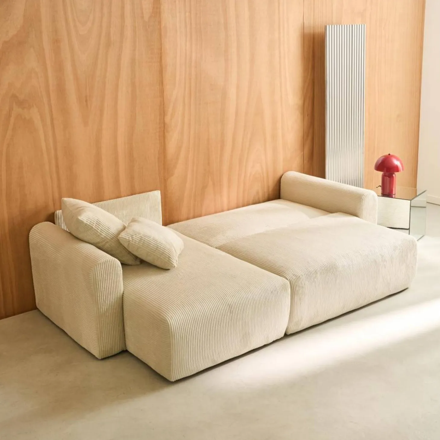 3-Sitzer Ecksofa mit Schlaffunktion und Cordbezug, Recamiere beidseitig montierbar