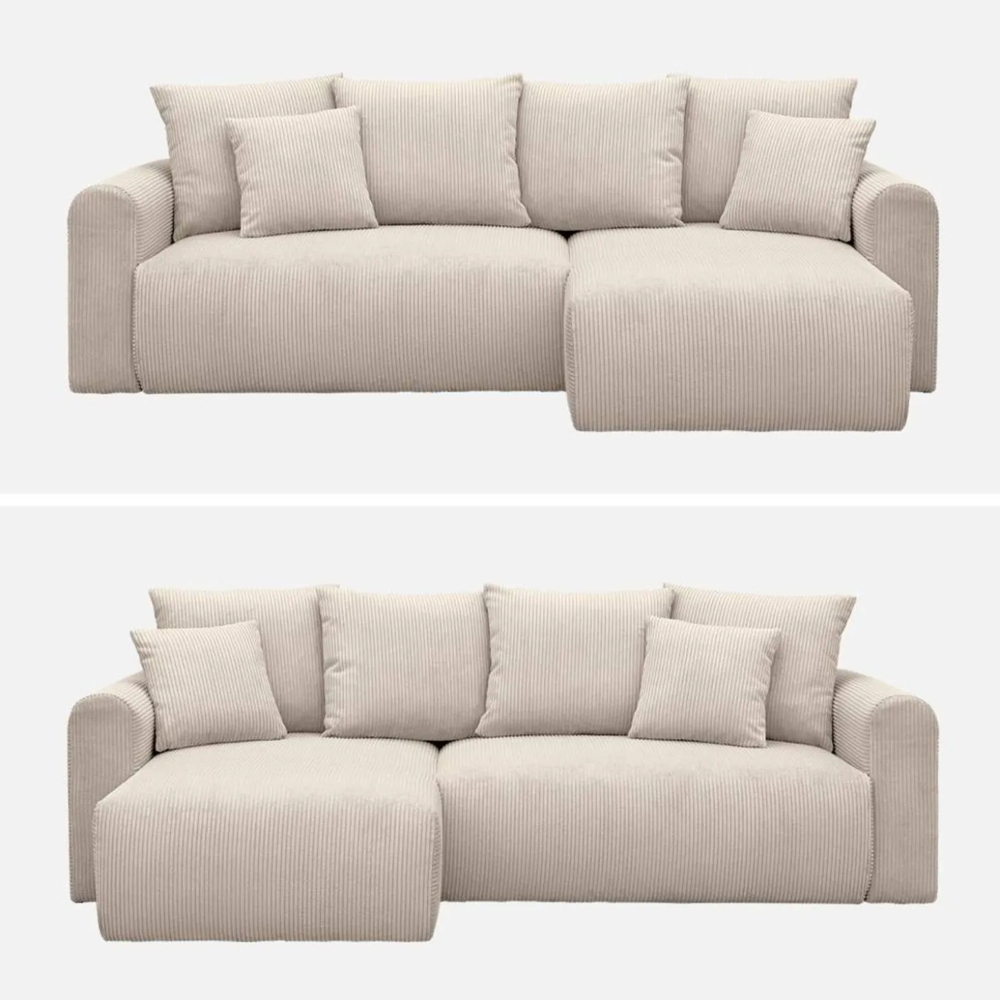 3-Sitzer Ecksofa mit Schlaffunktion und Cordbezug, Recamiere beidseitig montierbar