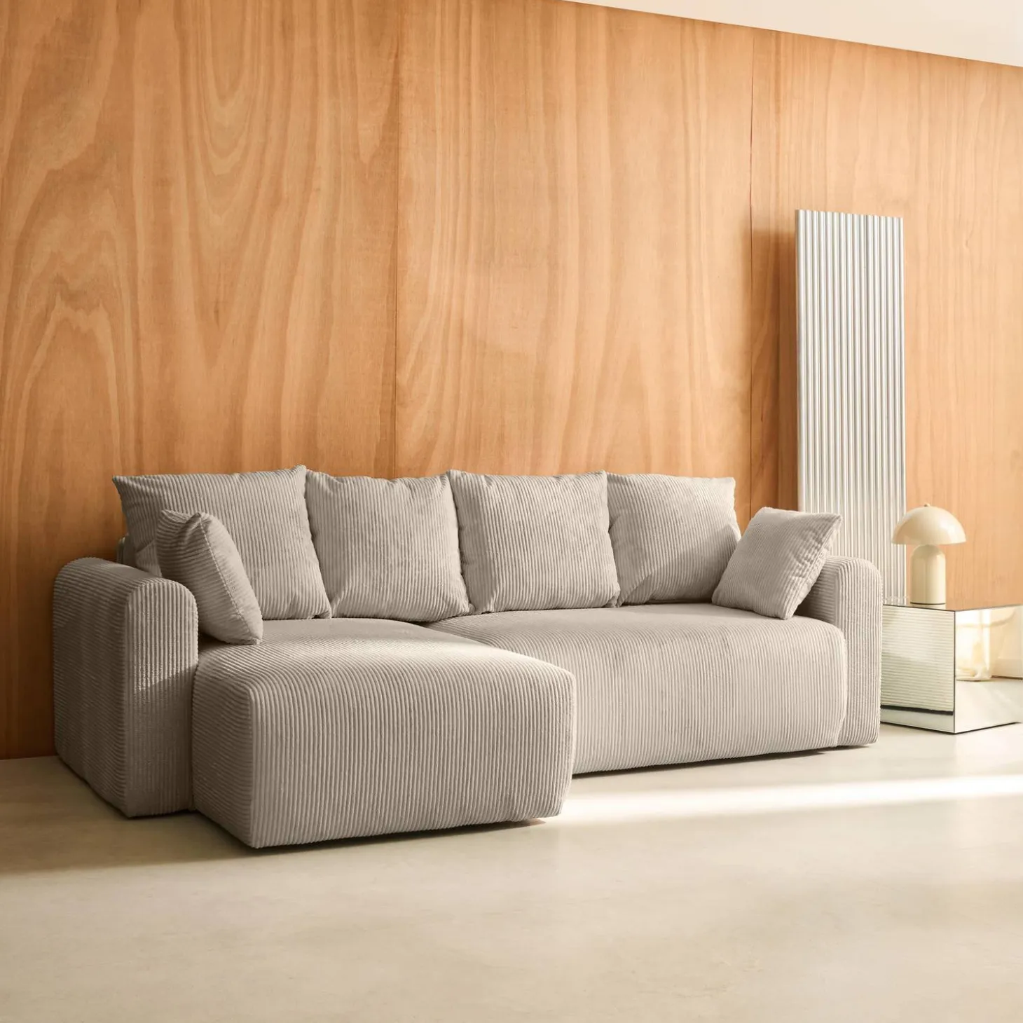 3-Sitzer Ecksofa mit Schlaffunktion und Cordbezug, Recamiere beidseitig montierbar