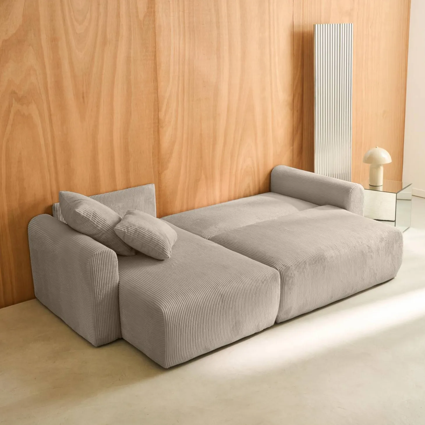 3-Sitzer Ecksofa mit Schlaffunktion und Cordbezug, Recamiere beidseitig montierbar