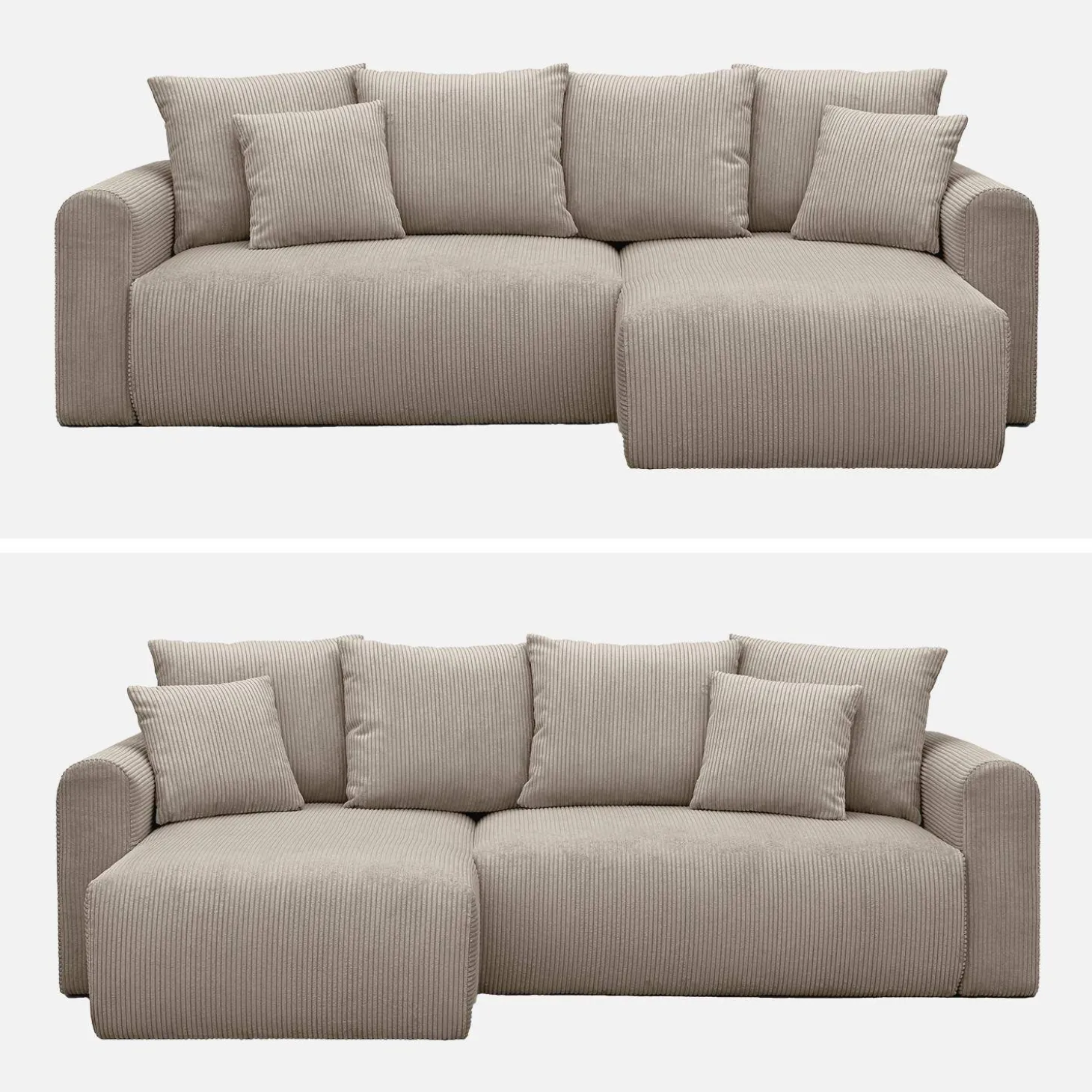 3-Sitzer Ecksofa mit Schlaffunktion und Cordbezug, Recamiere beidseitig montierbar