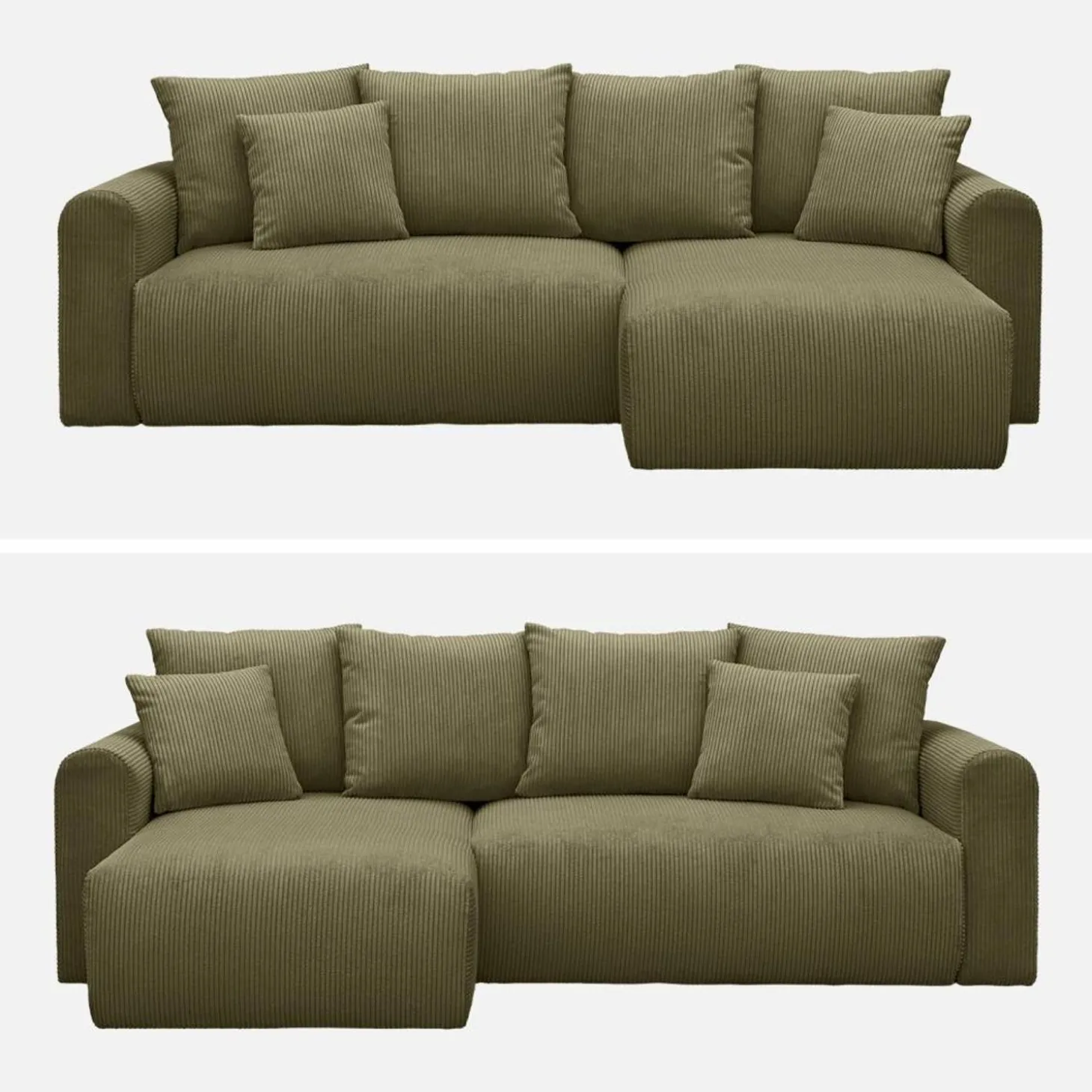 3-Sitzer Ecksofa mit Schlaffunktion und Cordbezug, Recamiere beidseitig montierbar