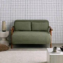 2-Sitzer Schlafsofa aus nussbaumfarbenem Heveaholz mit strukturiertem Bouclé-Bezug