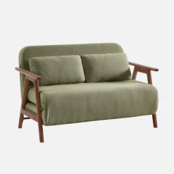 2-Sitzer Schlafsofa aus nussbaumfarbenem Heveaholz mit strukturiertem Bouclé-Bezug