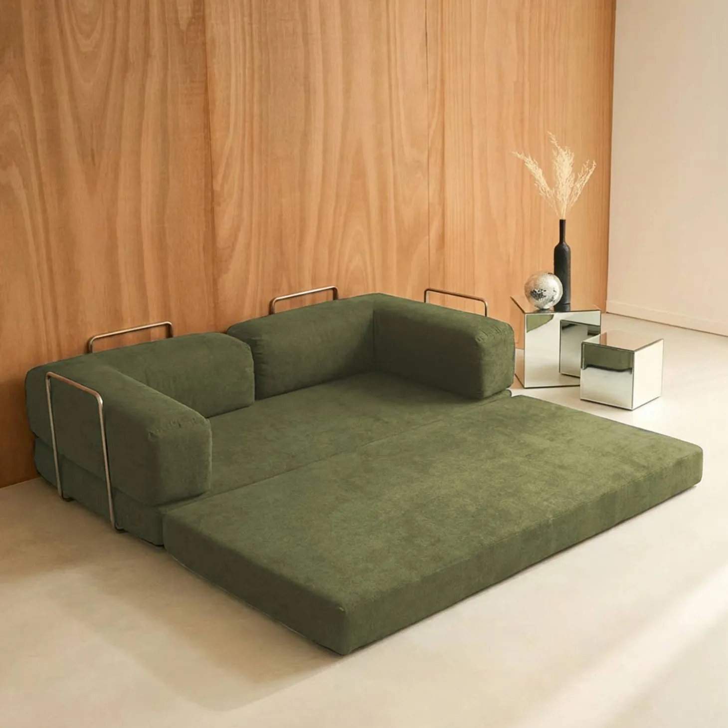 3-Sitzer-Schlafsofa im Vintage-Stil mit Cordbezug und verchromtem Außengestell