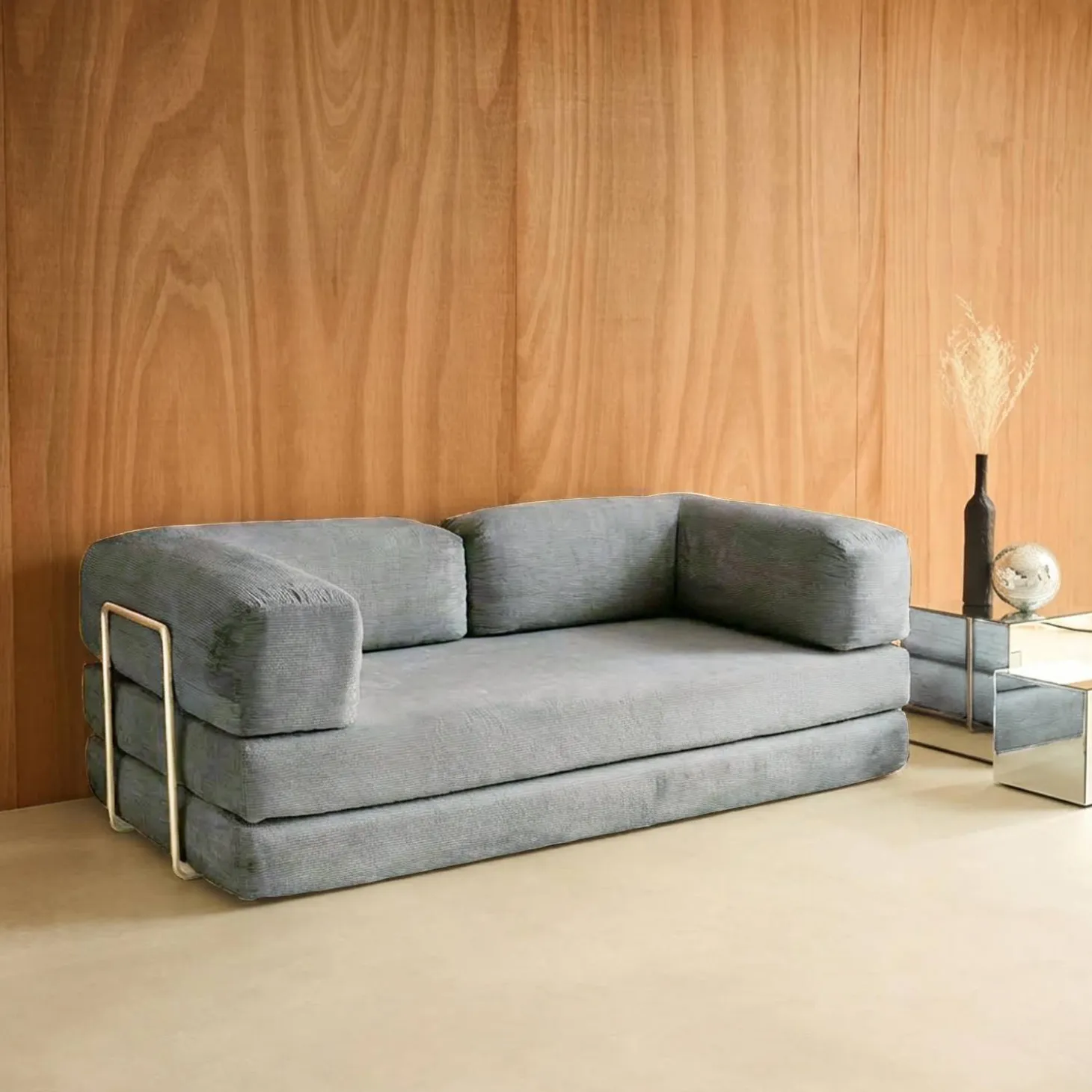 3-Sitzer-Schlafsofa im Vintage-Stil mit Cordbezug und verchromtem Außengestell