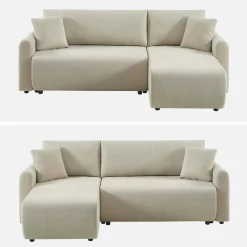 3-Sitzer Schlafsofa mit beidseitig montierbarer Recamiere, Stoffbezug und Stauraum