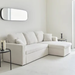 3-Sitzer Schlafsofa mit beidseitig montierbarer Recamiere und Bouclé-Bezug