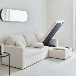 3-Sitzer Schlafsofa mit beidseitig montierbarer Recamiere und Bouclé-Bezug