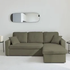 3-Sitzer Schlafsofa mit beidseitig montierbarer Recamiere und Bouclé-Bezug