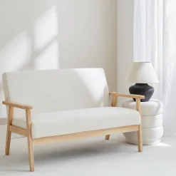 2 Sitzer Sitzbank mit Bouclé-Bezug und Holzfüßen Kunstlammfell