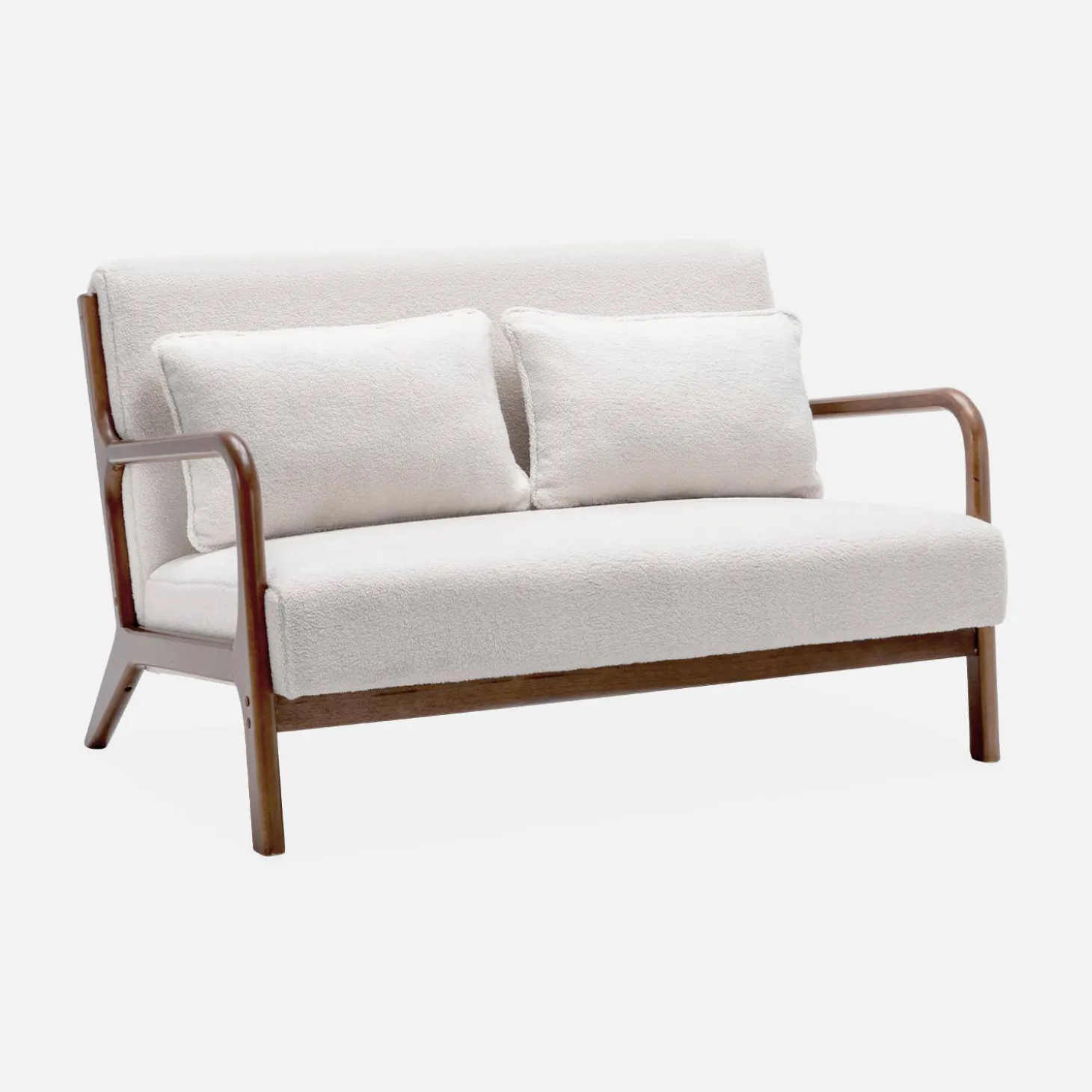 2-Sitzer-Sitzbank + Sessel aus Hevea-Holz mit Bouclé-Bezug, nussbaumfarben