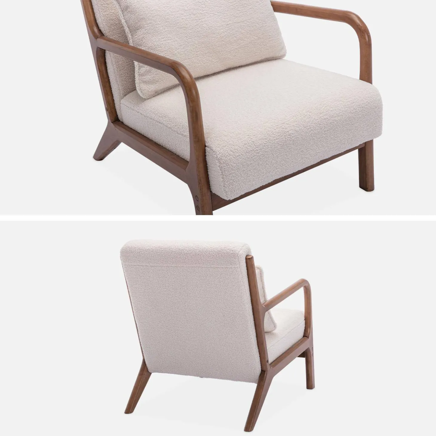 2-Sitzer-Sitzbank + Sessel aus Hevea-Holz mit Bouclé-Bezug, nussbaumfarben