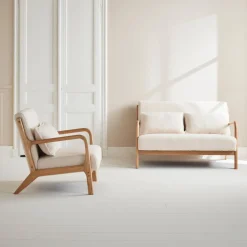 2-Sitzer-Sitzbank + Sessel aus Holz mit Bouclé-Bezug