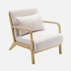 2-Sitzer-Sitzbank + Sessel aus Holz mit Bouclé-Bezug