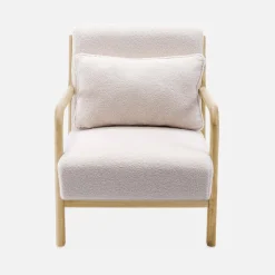 2-Sitzer-Sitzbank + Sessel aus Holz mit Bouclé-Bezug