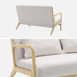 2-Sitzer-Sitzbank + Sessel aus Holz mit Bouclé-Bezug