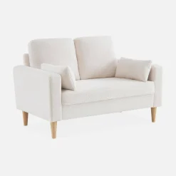 2-Sitzer-Sofa mit Bouclé Teddystoff und Holzbeinen