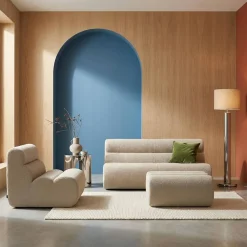 2-Sitzer-Sofa mit Sessel und Hocker, strukturierter Bouclé-Bezug