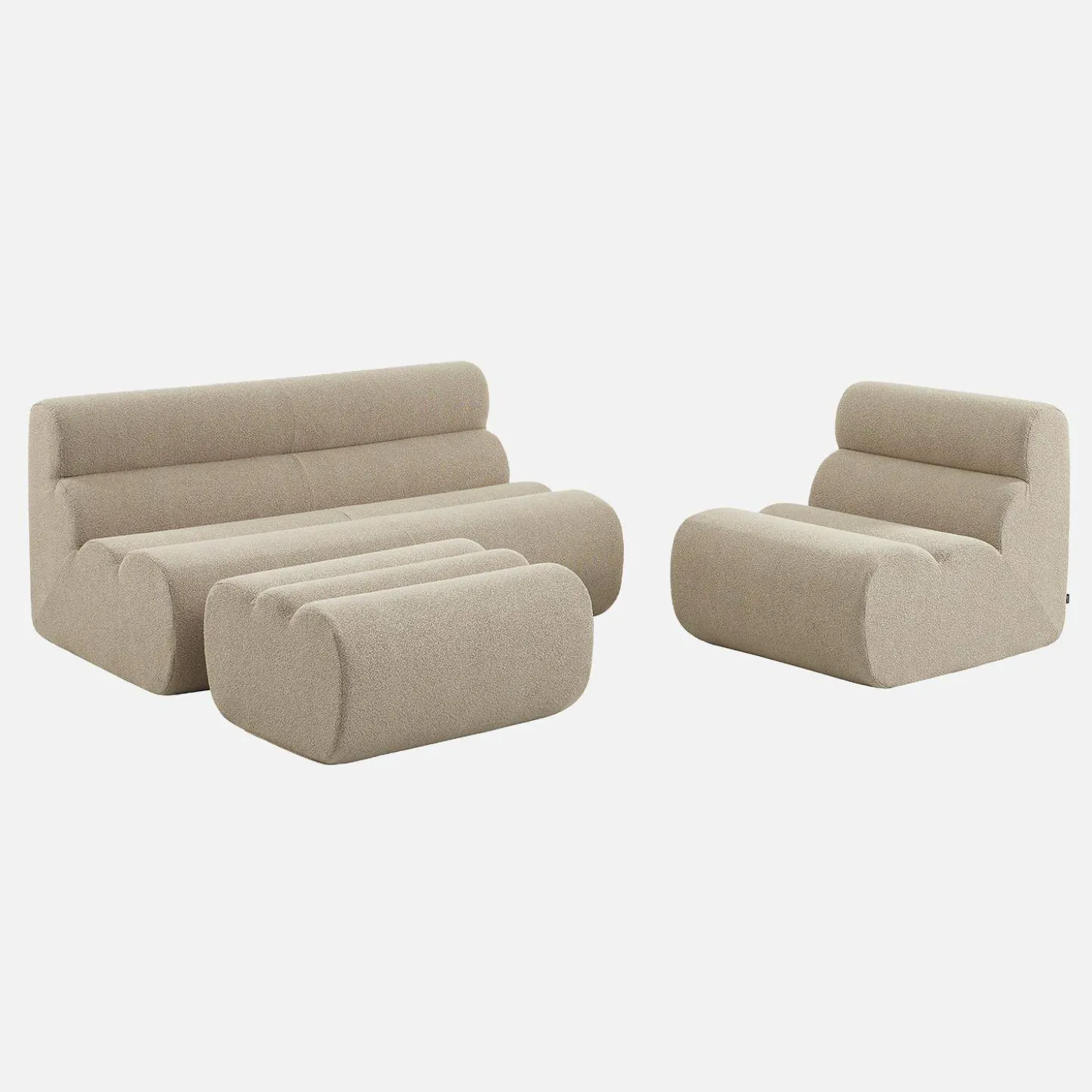 2-Sitzer-Sofa mit Sessel und Hocker, strukturierter Bouclé-Bezug