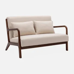 2-Sitzer Sofa + Sessel aus nussbaumfarbenem Hevea-Holz mit Bezug in beige