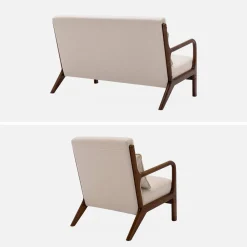 2-Sitzer Sofa + Sessel aus nussbaumfarbenem Hevea-Holz mit Bezug in beige