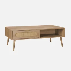 Skandinavischer Couchtisch mit abgerundetem Rattan-Geflecht, 1 Schublade