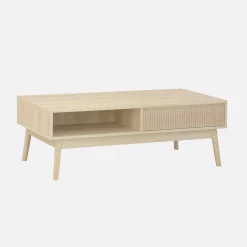 Skandinavischer Couchtisch mit geriffeltem Holzdekor, 2 Nischen, 1 Schublade