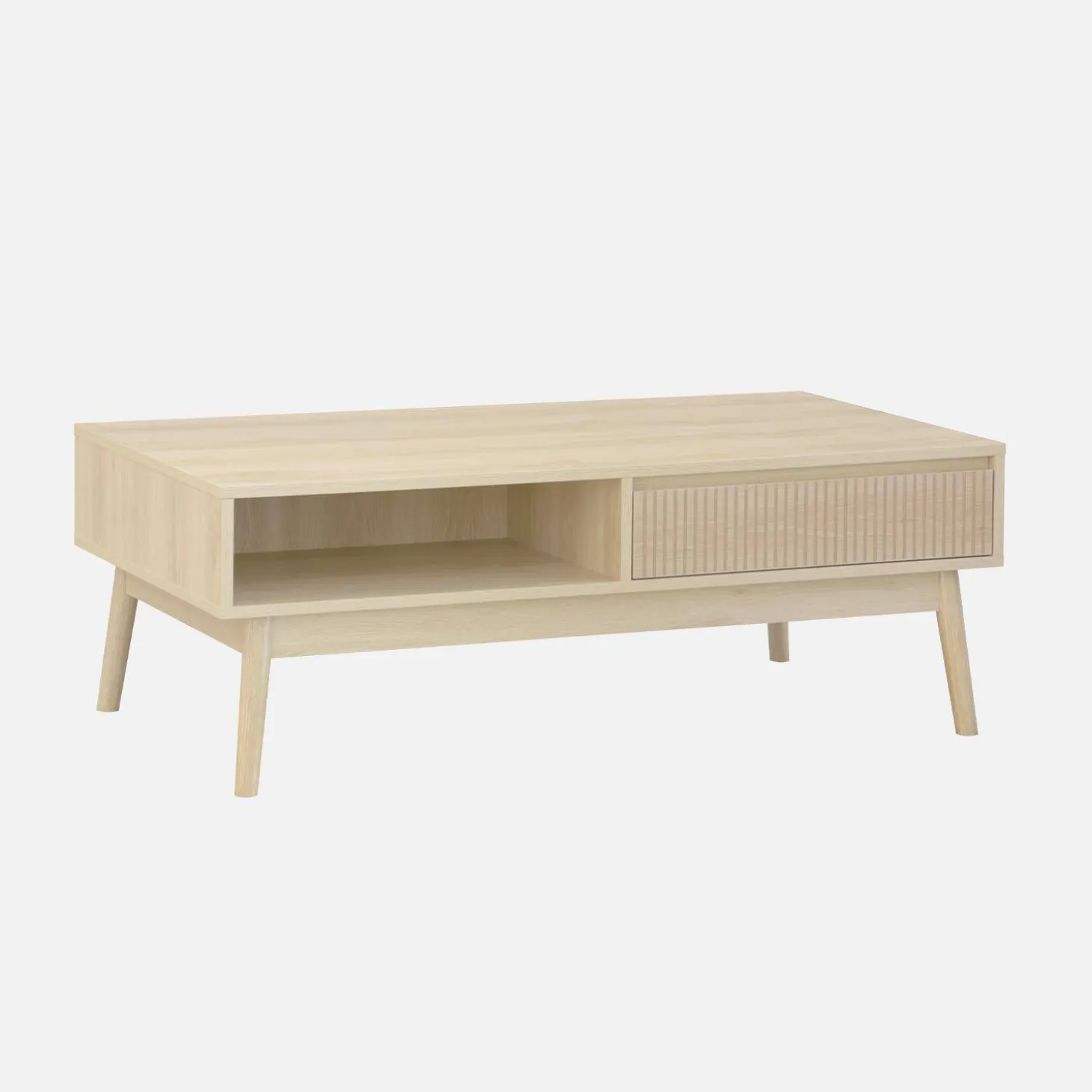 Skandinavischer Couchtisch mit geriffeltem Holzdekor, 2 Nischen, 1 Schublade