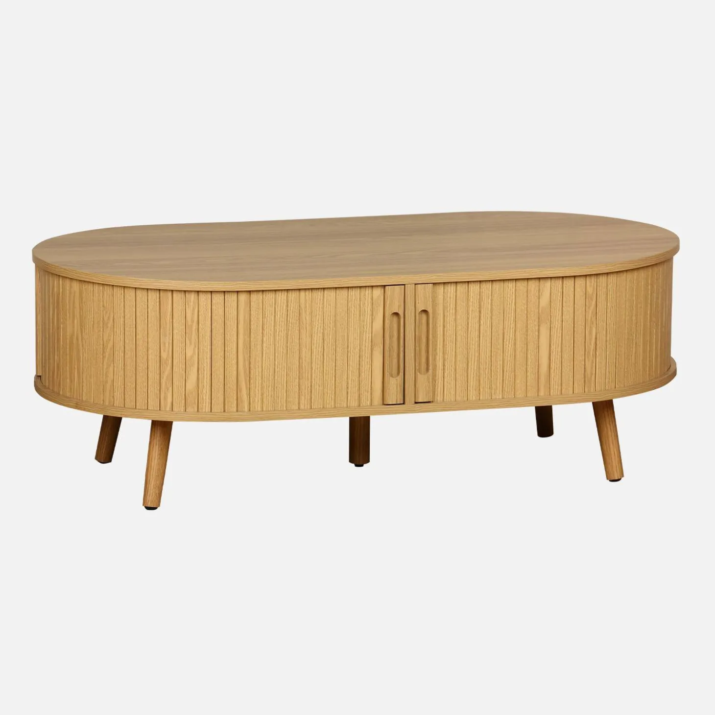 Skandinavischer Couchtisch mit geriffeltm Holzlook und 2 Schiebetüren