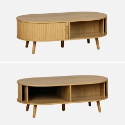 Skandinavischer Couchtisch mit geriffeltm Holzlook und 2 Schiebetüren