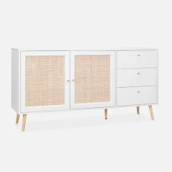 Skandinavisches Sideboard, Holzeffekt mit Rattangeflecht, 2 Türen, 150 cm