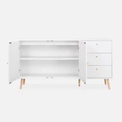 Skandinavisches Sideboard, Holzeffekt mit Rattangeflecht, 2 Türen, 150 cm