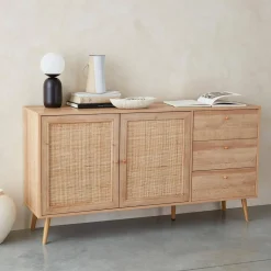 Skandinavisches Sideboard, Holzeffekt mit Rattangeflecht, 2 Türen, 150 cm