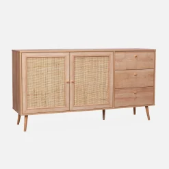 Skandinavisches Sideboard, Holzeffekt mit Rattangeflecht, 2 Türen, 150 cm