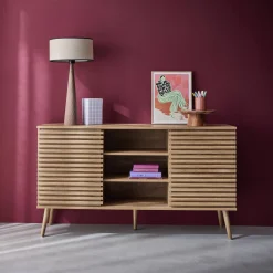 Skandinavisches Sideboard in Holzdekor mit 2 geriffelten Schiebetüren B 140 cm