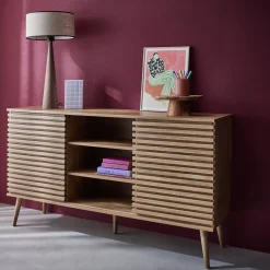 Skandinavisches Sideboard in Holzdekor mit 2 geriffelten Schiebetüren B 140 cm