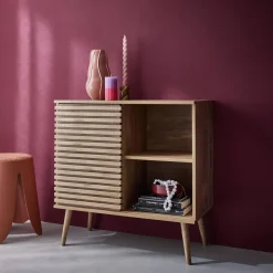 Skandinavisches Sideboard in Holzdekor mit geriffelter Schiebetür B 80 cm