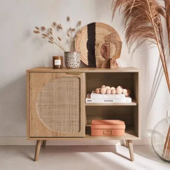 Skandinavisches Sideboard mit Holzdekor und abgerundetem Rattan-Geflecht 1 Tür 80 cm