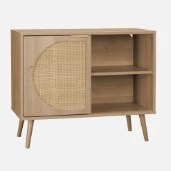 Skandinavisches Sideboard mit Holzdekor und abgerundetem Rattan-Geflecht 1 Tür 80 cm