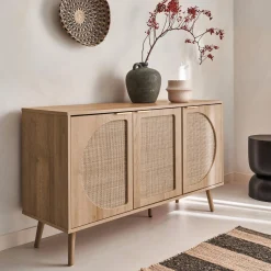 Skandinavisches Sideboard mit Holzdekor und abgerundetem Rattan-Geflecht 3 Türen B 120 cm