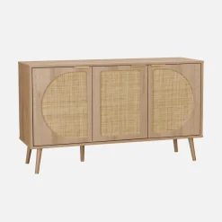 Skandinavisches Sideboard mit Holzdekor und abgerundetem Rattan-Geflecht 3 Türen B 120 cm